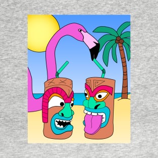 Funny Pink Flamingo and Tiki Drink - Summer Vibes T-Shirt